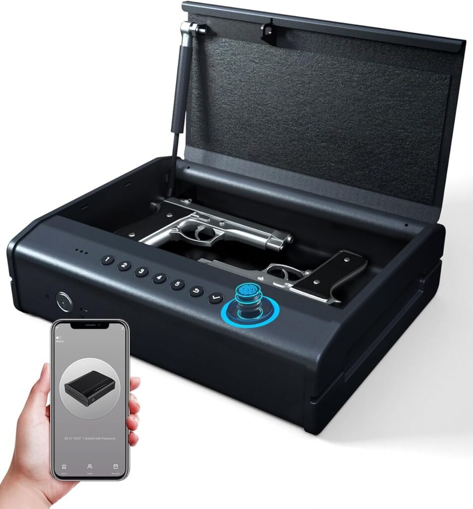 Biometric Gun Safe For Guns, Quick Access Handgun Safe with Fingerprint/Password/Key/APP, Pistol Safe Box,4-Ways Portable Gun Case for Nightstand, Home, Car