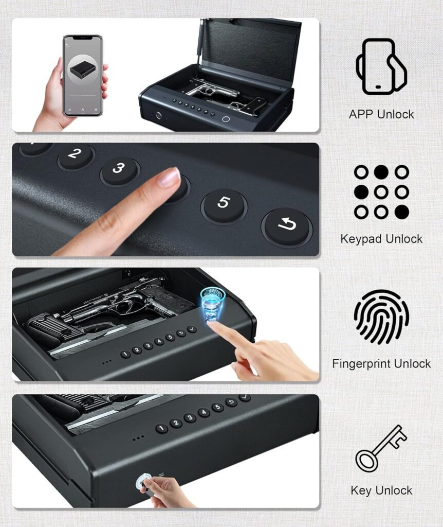 Biometric Gun Safe For Guns, Quick Access Handgun Safe with Fingerprint/Password/Key/APP, Pistol Safe Box,4-Ways Portable Gun Case for Nightstand, Home, Car