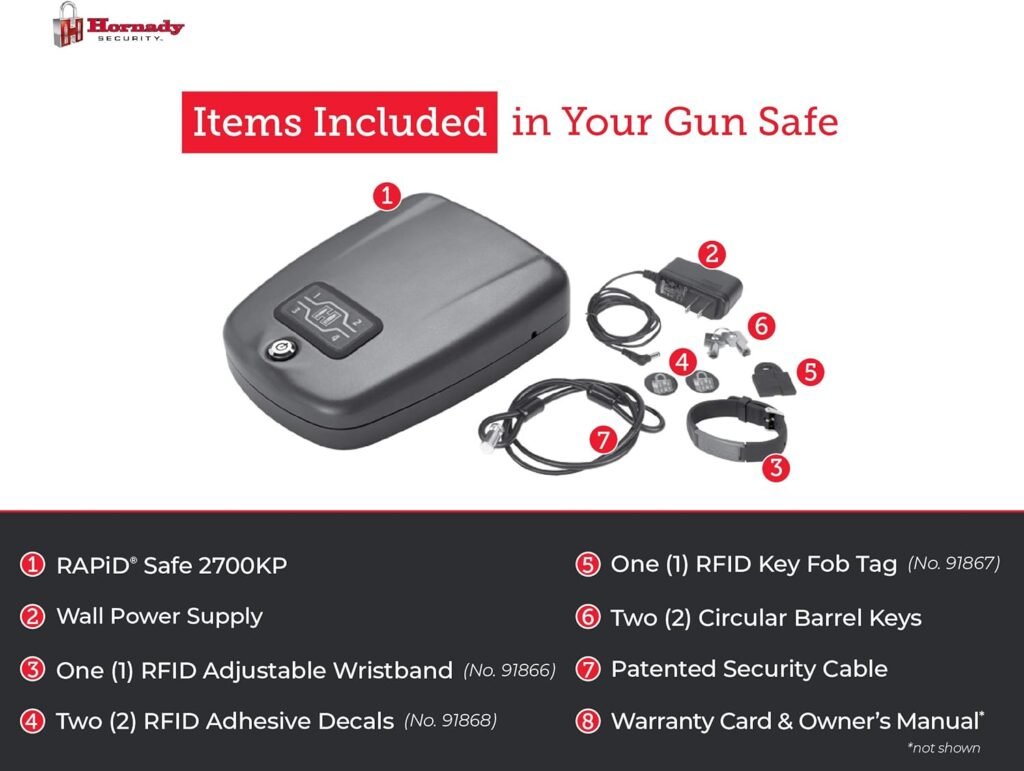 Hornady RAPiD Gun Safes with Instant RFiD Access to Guns and Valuables - Includes Rapid Safe for Firearms, RFiD Wristband, Key Fob, 2 Decals, 2 Barrel Keys and Security Cable