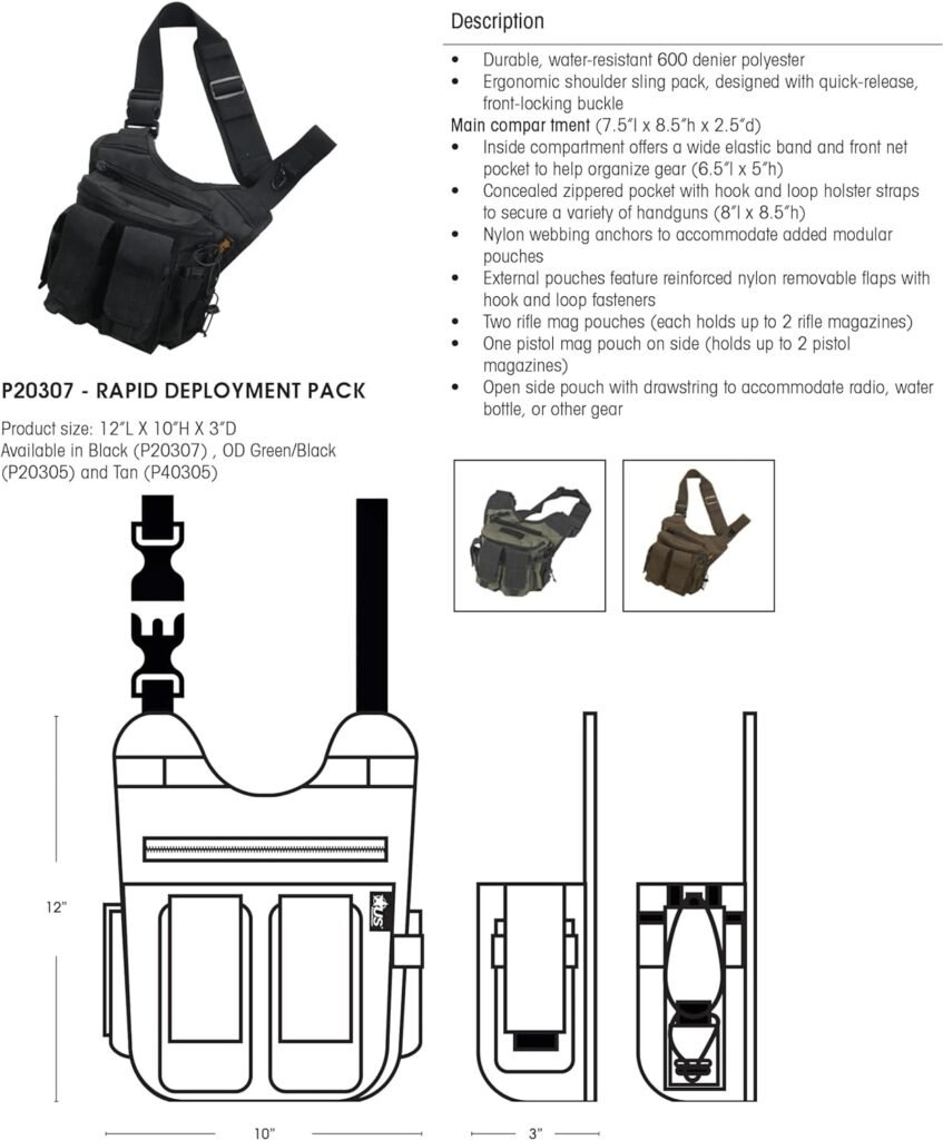 Rapid Deployment Pack - Heavy Duty Water Resistant Fabric - Ergonomic Sling Pack - Concealed Pocket